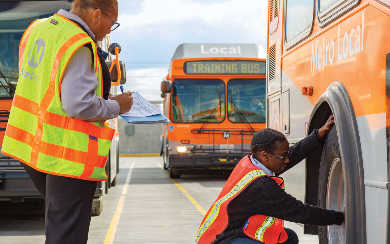 Photo of Metro employees receiving training for bus operations and maintenance.