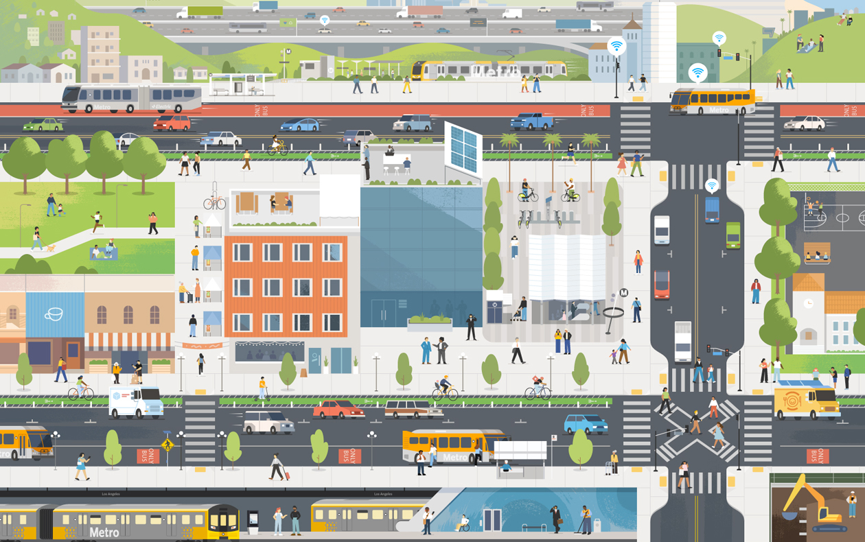 Construction worker lining up rail beams on a Metro construction project in downtown Los Angeles. Work is being done in the evening.