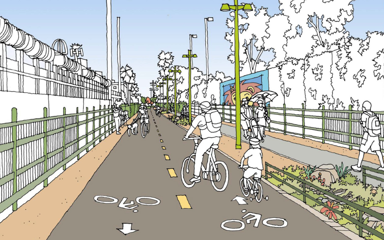 Illustrated rendering of the Rail-to-Rail/River Active Transportation Corridor design concept showing the bike path and landscaping.